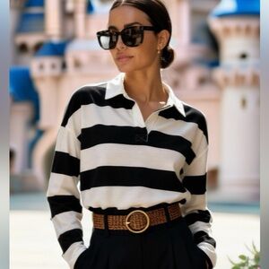 0150 Old Navy Black and White Striped Polo Shirt